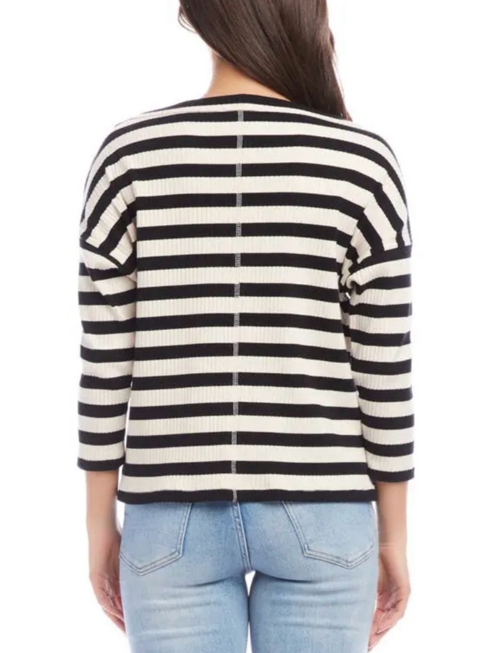 Karen Kane Sheridan Stripe 3/4 Sleeve Boatneck Rib Top in Black & Cream, XL - Picture 3 of 12